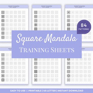 Könnte beinhalten: Druckbare quadratische Mandala-Übungsbögen mit 84 Mustern. Jedes Blatt enthält ein Gitter mit mehreren quadratischen Mandalas zum Üben des Zeichnens.