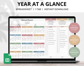 Planilha de planejamento anual resumida, modelo de visão geral anual de 12 meses sem data, rastreador mensal de eventos anuais, planilha do Google com calendário anual
