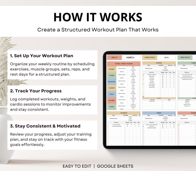 Workout Planner Google Sheets, Exercise Tracker, Weight Loss Tracker, Gym Checklist, Weightlifting Training Log, Fitness Tracker Spreadsheet