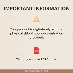 K&ouml;nnte beinhalten: Ein Hinweis auf einen digitalen Download mit einem gelben Ausrufezeichen und einem roten PDF-Symbol. Der Text lautet "WICHTIGE INFORMATIONEN Dieses Produkt ist nur digital, ohne physischen Versand oder Anpassung. Dieses Produkt ist im PDF-Format. EINFACH ZU VERWENDEN | DRUCKBAR"