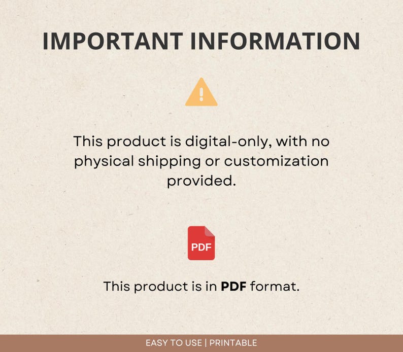 K&ouml;nnte beinhalten: Ein Hinweis auf einen digitalen Download mit einem gelben Ausrufezeichen und einem roten PDF-Symbol. Der Text lautet "WICHTIGE INFORMATIONEN Dieses Produkt ist nur digital, ohne physischen Versand oder Anpassung. Dieses Produkt ist im PDF-Format. EINFACH ZU VERWENDEN | DRUCKBAR"