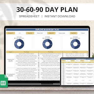 Könnte beinhalten: Eine 30-60-90-Tage-Plan-Spreadsheet-Vorlage für neue Mitarbeiter. Die Vorlage enthält Abschnitte für Unternehmenskultur und Teamintegration, technisches Wissen und Kompetenzentwicklung sowie den Onboarding-Zeitplan. Die Tabellenkalkulation wird auf einem Laptop-Bildschirm angezeigt.
