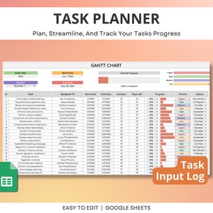 Pode incluir: Uma folha de c&aacute;lculo colorida com o t&iacute;tulo "TASK PLANNER" e o subt&iacute;tulo "Plan, Streamline, And Track Your Tasks Progress". A folha de c&aacute;lculo &eacute; um diagrama de Gantt que mostra uma lista de tarefas, a pessoa atribu&iacute;da, a data de in&iacute;cio, a data de t&eacute;rmino, a dura&ccedil;&atilde;o, os dias restantes, o progresso, a prioridade e o status. A folha de c&aacute;lculo &eacute; etiquetada como "EASY TO EDIT | GOOGLE SHEETS".