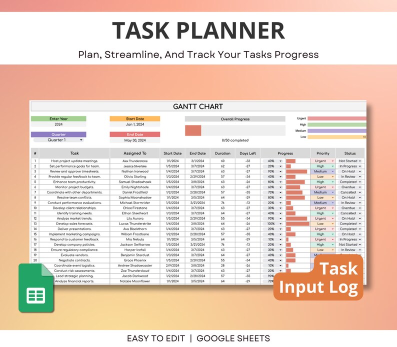Pode incluir: Uma folha de c&aacute;lculo colorida com o t&iacute;tulo "TASK PLANNER" e o subt&iacute;tulo "Plan, Streamline, And Track Your Tasks Progress". A folha de c&aacute;lculo &eacute; um diagrama de Gantt que mostra uma lista de tarefas, a pessoa atribu&iacute;da, a data de in&iacute;cio, a data de t&eacute;rmino, a dura&ccedil;&atilde;o, os dias restantes, o progresso, a prioridade e o status. A folha de c&aacute;lculo &eacute; etiquetada como "EASY TO EDIT | GOOGLE SHEETS".