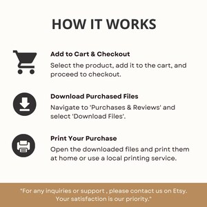 May include: A graphic showing how to purchase and download digital files on Etsy. The graphic includes three steps: Add to Cart & Checkout, Download Purchased Files, and Print Your Purchase. The graphic also includes a quote: "For any inquiries or support, please contact us on Etsy. Your satisfaction is our priority."
