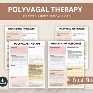 May include: A printable cheat sheet for polyvagal therapy, featuring a hierarchy of responses, therapeutic processes, and polyvagal techniques. The document is in US letter size and includes the text "Polyvagal Therapy" and "Cheat Sheet".