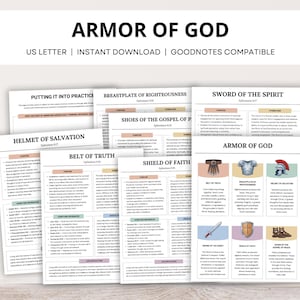 Peut inclure: Ensemble de pages numériques imprimables intitulées "Armure de Dieu". Les pages présentent du texte et des illustrations de l'armure de Dieu, notamment la ceinture de vérité, la cuirasse de justice et le casque du salut. Le texte comprend des références bibliques.