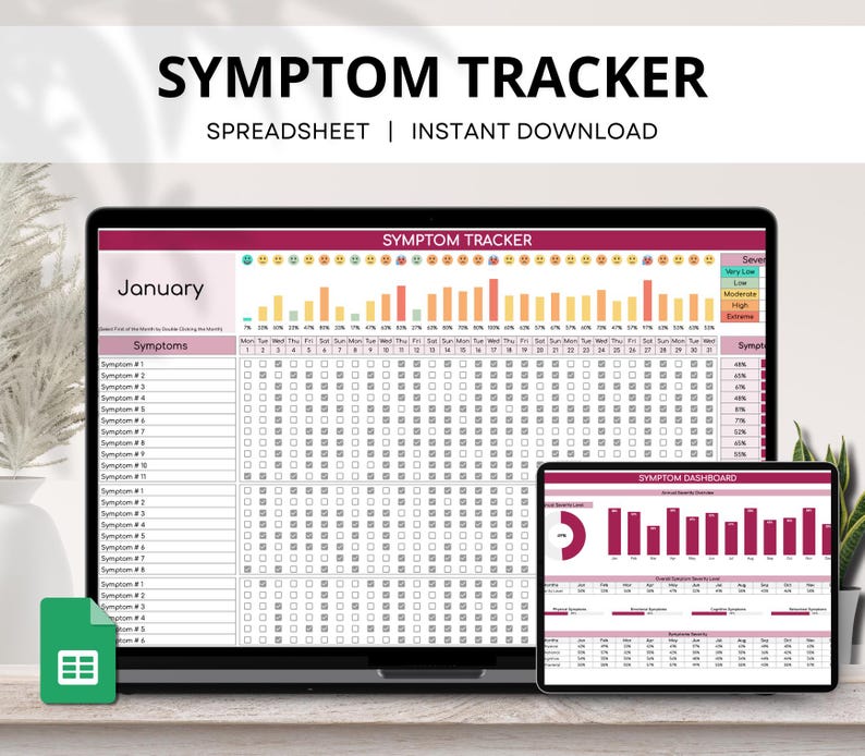 Symptom Tracker Google Sheets, Monthly Symptom Frequency Tracker, Medical Diary, Chronic Symptom Log, Daily Symptom Severity Spreadsheet