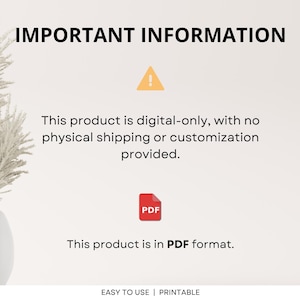 May include: A digital product information graphic with the text "IMPORTANT INFORMATION". It includes an exclamation point icon, a PDF icon, and the text "This product is digital-only... This product is in PDF format."