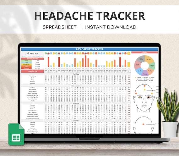 Headache Tracker Google Sheet, Migraine Tracker, Headache Diary, Headache Log, Chronic Pain Tracker, Headache Symptoms Severity Spreadsheet