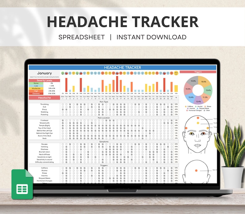 Headache Tracker Google Sheet, Migraine Tracker, Headache Diary, Headache Log, Chronic Pain Tracker, Headache Symptoms Severity Spreadsheet