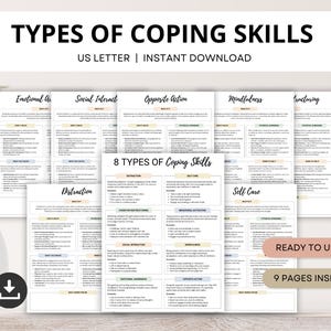 8 Types of Coping Skills Worksheets, Coping Skills Toolkit for Emotional Regulation, Depression, Anxiety Relief, Self Care Coping Strategies