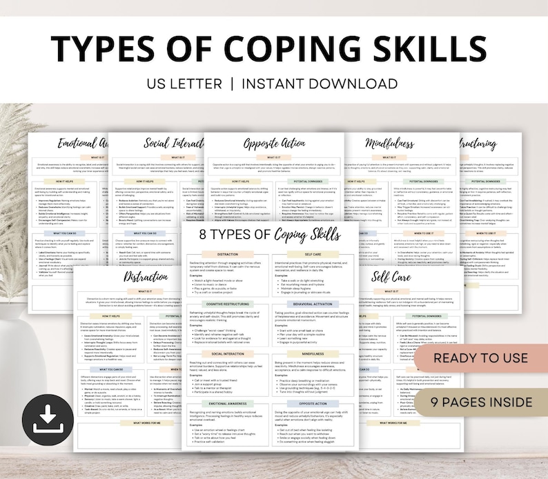 8 Types of Coping Skills Worksheets, Coping Skills Toolkit for Emotional Regulation, Depression, Anxiety Relief, Self Care Coping Strategies