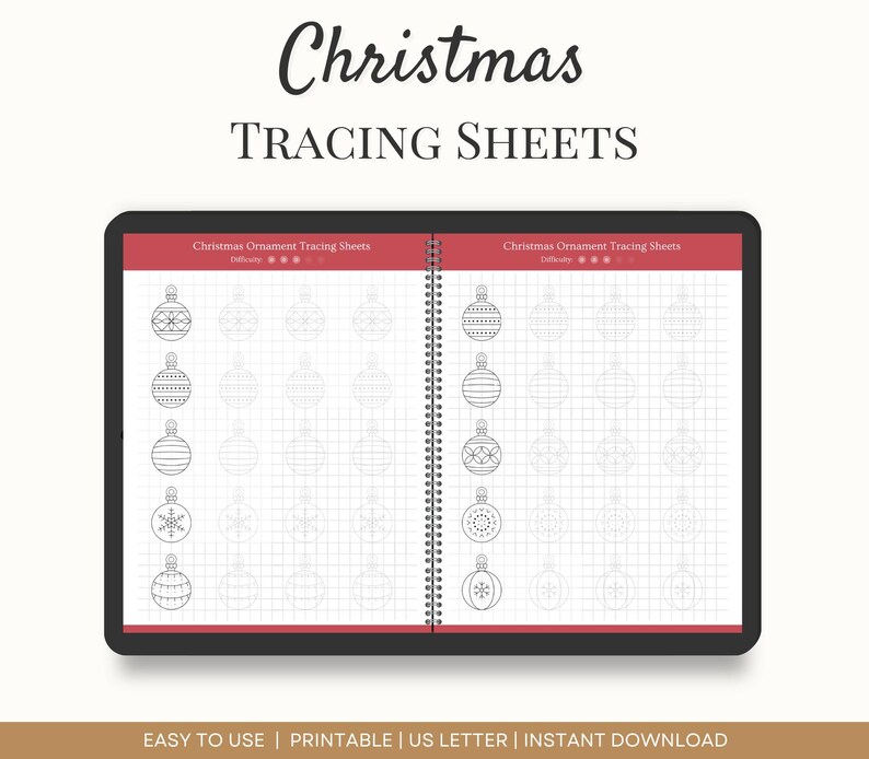 Christmas Ornament Tracing Sheets, Christmas Activity, Holiday Coloring Page, Christmas Practice Sheets, Stress Relief Art for Kids & Adults