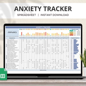 May include: A digital spreadsheet for tracking anxiety symptoms. The spreadsheet includes a calendar for January, a list of symptoms, and a severity level chart. The spreadsheet is displayed on a laptop computer.