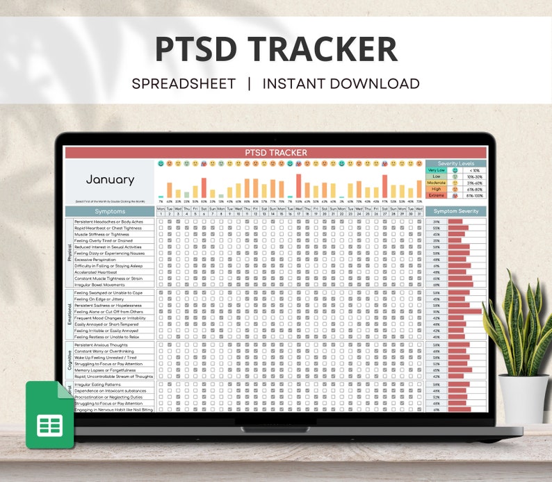 Puede incluir: Una pantalla de port&aacute;til muestra una hoja de c&aacute;lculo "PTSD TRACKER" con el texto "SPREADSHEET | INSTANT DOWNLOAD". La hoja de c&aacute;lculo incluye un rastreador de s&iacute;ntomas para enero, con columnas para las entradas diarias y los niveles de gravedad de los s&iacute;ntomas.