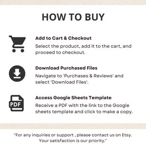 May include: A black and white illustration of a shopping cart, a download arrow, and a PDF document. The text "HOW TO BUY" is at the top of the image. The text below each icon explains how to purchase and download digital files.