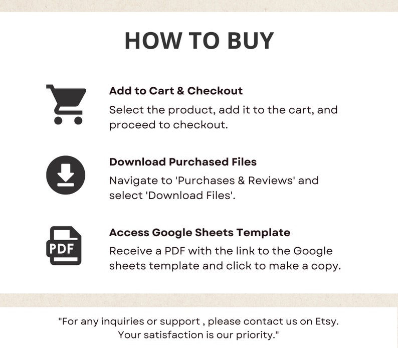 May include: A black and white illustration of a shopping cart, a download arrow, and a PDF document. The text "HOW TO BUY" is at the top of the image. The text below each icon explains how to purchase and download digital files.