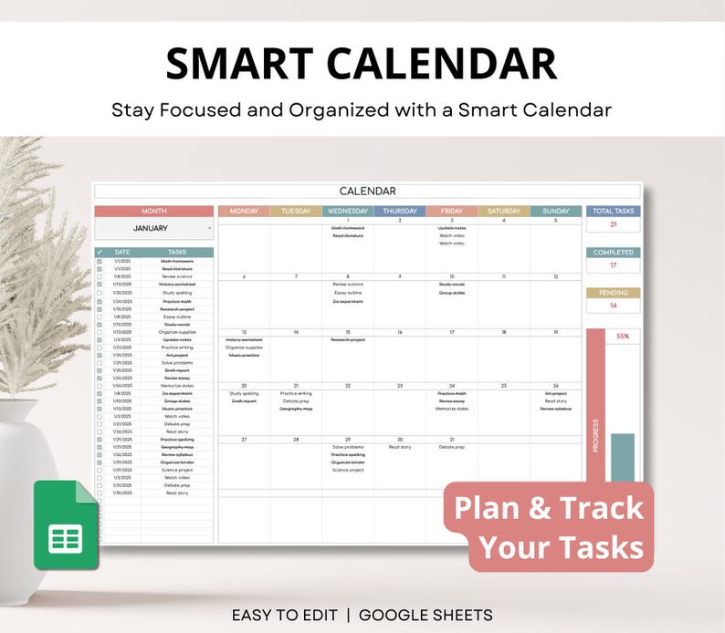 Smart Calendar Spreadsheet, Annual Calendar, Daily Schedule, Weekly Calendar, ADHD Friendly Monthly Planner, Monthly Calendar Google Sheets