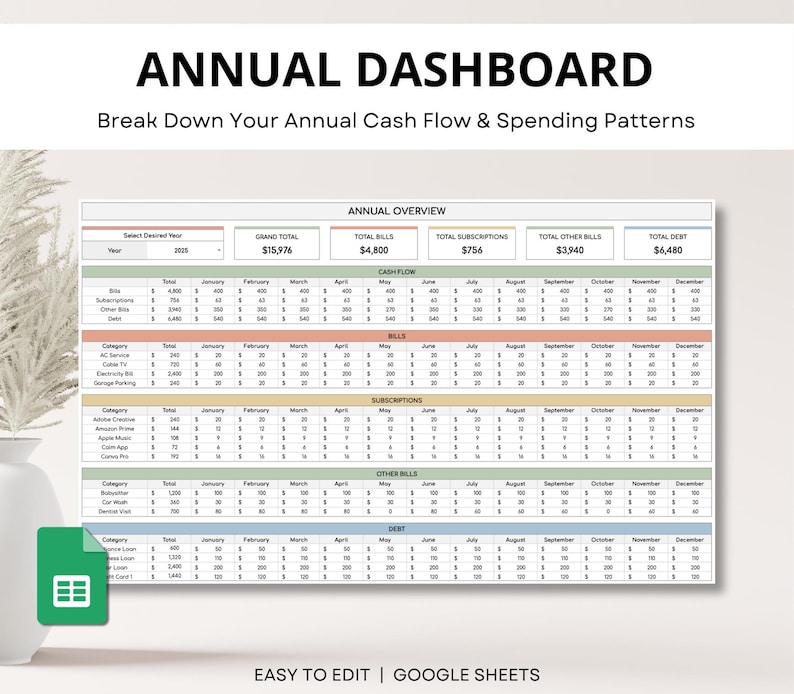Smart bill tracker spreadsheet in Google Sheets. Monthly bill organizer and payment planner with calendar view for personal finance management.