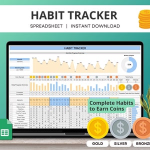 Peut inclure: Un écran d'ordinateur portable affichant une feuille de calcul avec un suivi des habitudes. La feuille de calcul comprend un aperçu de la progression mensuelle, un aperçu de la progression quotidienne et une liste des habitudes quotidiennes. La feuille de calcul comprend également une section pour gagner des pièces en complétant des habitudes. La feuille de calcul est intitulée "Habit Tracker".