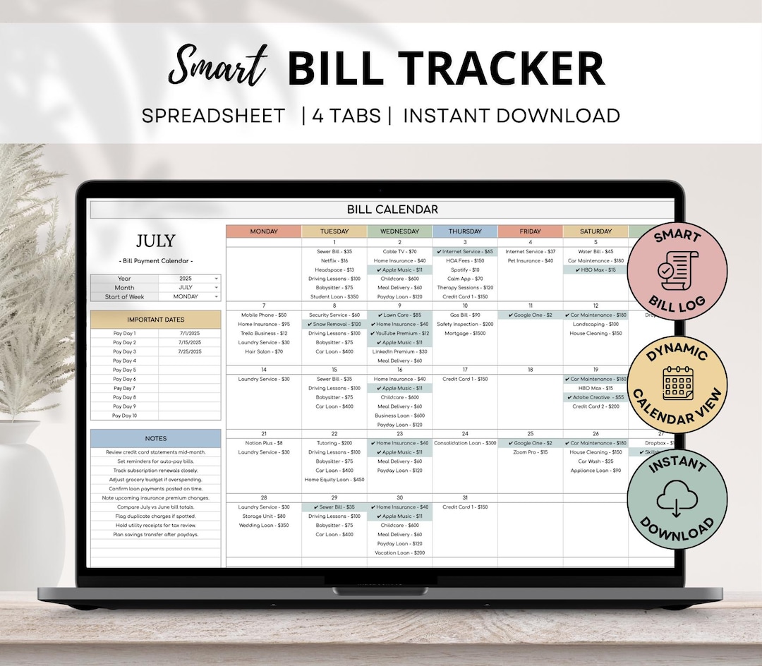 Smart Bill Tracker Spreadsheet, Monthly Bill Payment Planner, Bill ...