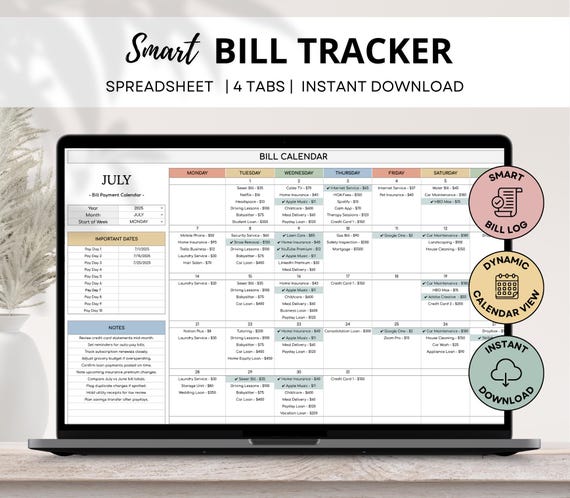 Smart Bill Tracker Spreadsheet, Monthly Bill Payment Planner, Bill Organizer, Monthly Bill Calendar Google Sheets, Personal Finance Planner