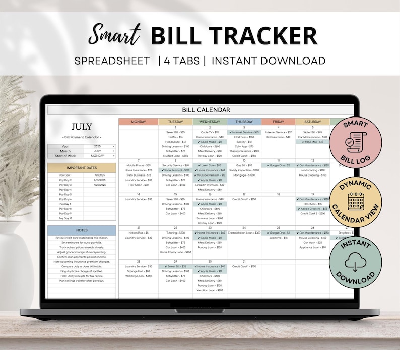 Smart bill tracker spreadsheet in Google Sheets. Monthly bill organizer and payment planner with calendar view for personal finance management.