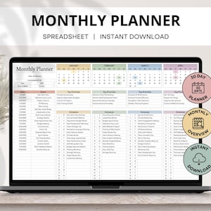 May include: A laptop displays a "Monthly Planner" spreadsheet with calendar months and a schedule. The screen shows the text "Spreadsheet | Instant Download". Three circular graphics on the right say "30 Day Planner", "Monthly Overview", and "Instant Download".