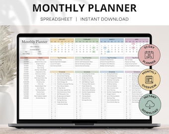 One-Page Monthly Planner Spreadsheet, 12 Months Yearly Overview, Monthly Schedule, Year at a Glance Google Sheet, Annual Planner Template