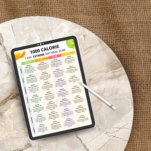 1000 Calories Extreme Diet Plan – 7 Day Low Calorie Meal Plan with printable weekly meal prep chart and low calorie food list. Includes calorie deficit meal plan designed for weight loss, portion control, and healthy eating. Perfect for anyone looking for a structured 7 day diet guide with balanced meals, calorie tracking, and easy-to-follow food prep. Digital download, printable meal planner, and food chart to support diet goals.