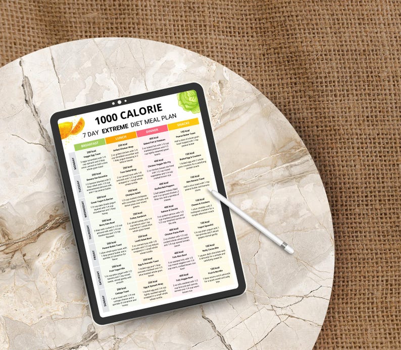 1000 Calories Extreme Diet Plan – 7 Day Low Calorie Meal Plan with printable weekly meal prep chart and low calorie food list. Includes calorie deficit meal plan designed for weight loss, portion control, and healthy eating. Perfect for anyone looking for a structured 7 day diet guide with balanced meals, calorie tracking, and easy-to-follow food prep. Digital download, printable meal planner, and food chart to support diet goals.