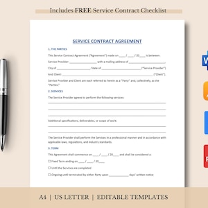 Può includere: Un modello di contratto di servizio bianco con il testo "Service Contract Agreement" e "Includes FREE Service Contract Checklist". Una penna argentata e nera è sul lato sinistro. Le icone per Word, PDF e altri tipi di documenti sono a destra.