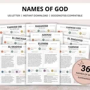 Guía de estudio de los nombres de Dios, notas de estudio bíblico, resúmenes de 36 nombres hebreos de Dios, atributos de Dios, lección de escuela dominical, herramienta de estudio cristiano.