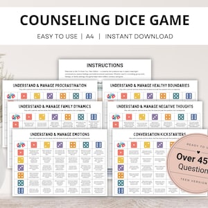 School Counseling Dice Game for Teens, Youth Group Therapy Game, Therapeutic Table Talk Questions for Anxiety, Depression, Emotions, Anger