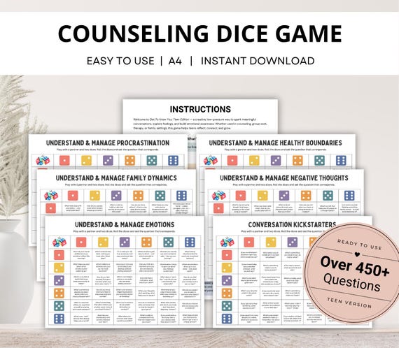 School Counseling Dice Game for Teens, Youth Group Therapy Game, Therapeutic Table Talk Questions for Anxiety, Depression, Emotions, Anger