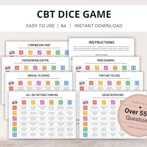 May include: A CBT Dice Game with multiple pages, featuring colorful dice and question prompts. The game includes instructions and various categories like "Comparison Trap" and "Over 550+ Questions". The text "Easy to Use" and "Instant Download" are also visible.