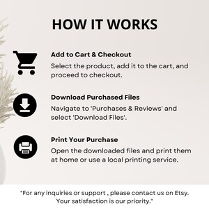 May include: A beige graphic with the text "HOW IT WORKS" and instructions for purchasing and downloading files. The steps include adding to cart, downloading files, and printing. A decorative plant and vase are in the background.