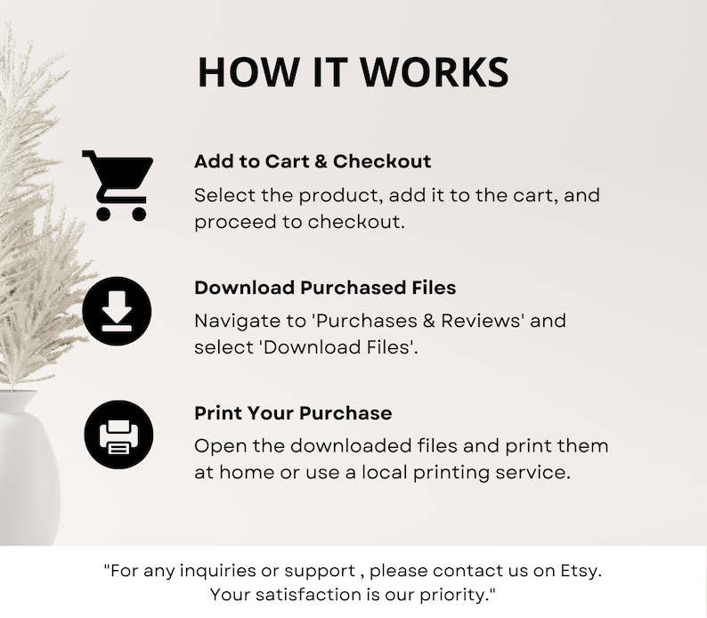 May include: A beige graphic with the text "HOW IT WORKS" and instructions for purchasing and downloading files. The steps include adding to cart, downloading files, and printing. A decorative plant and vase are in the background.