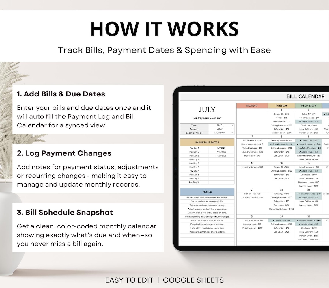 Smart Bill Tracker Spreadsheet, Monthly Bill Payment Planner, Bill ...