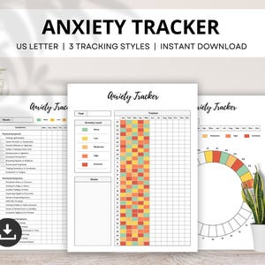 May include: Printable anxiety tracker with three different tracking styles. The tracker includes a symptom checklist, a grid for tracking anxiety levels, and a circular chart for tracking anxiety levels over time.
