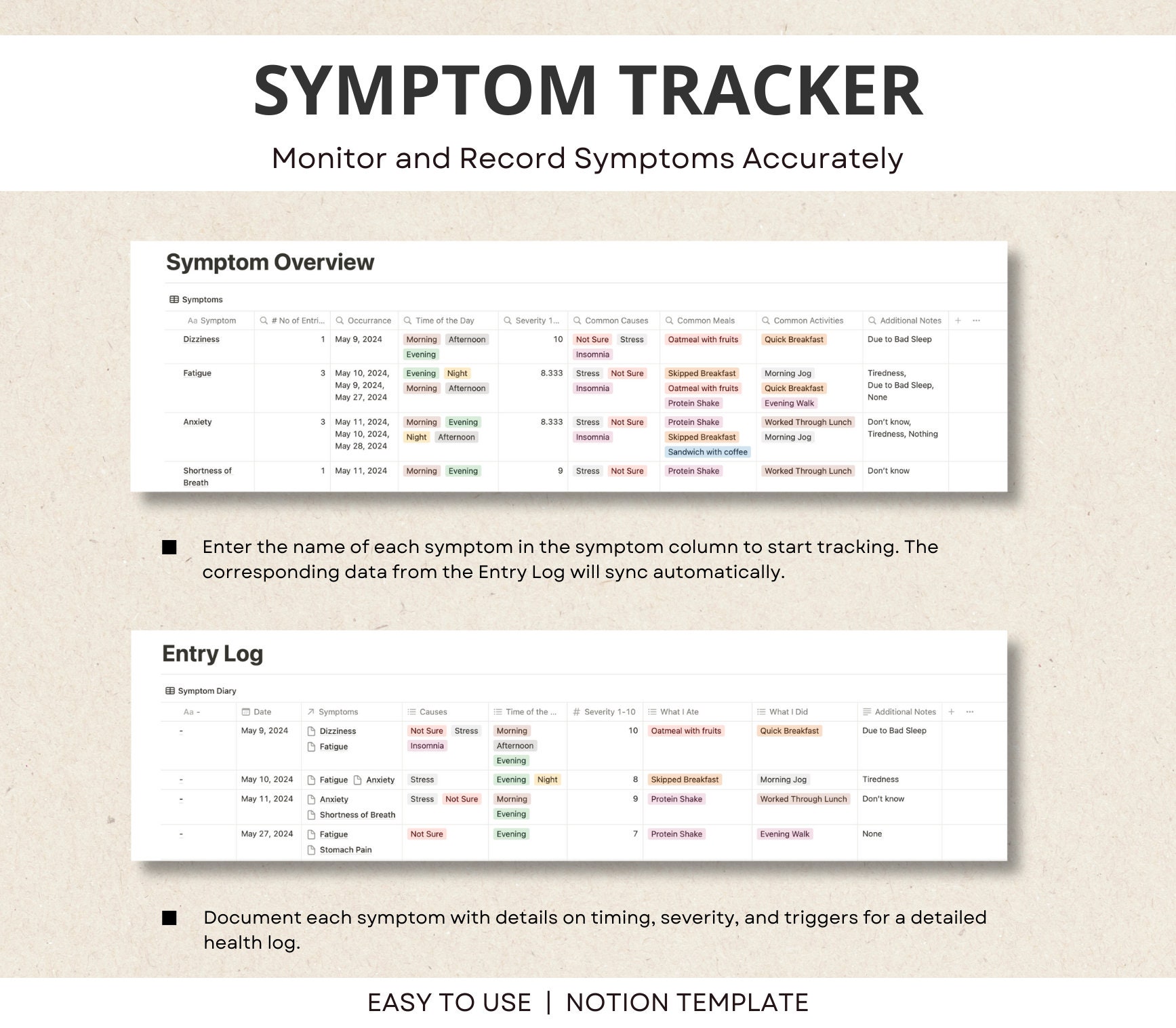 Symptom Tracker, Notion Template, Monthly Symptom Diary, Notion Tracker