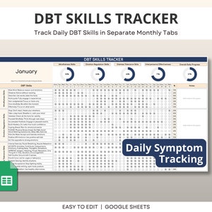May include: A printable DBT Skills Tracker for January, with a blue and white color scheme. The tracker includes sections for mindfulness, emotion regulation, distress tolerance, interpersonal effectiveness, and overall daily progress. It also includes a section for daily symptom tracking.
