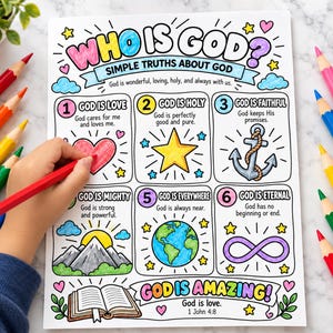 May include: A coloring page titled Who Is God? featuring six numbered sections with illustrations including a heart, star, anchor, mountains, globe, and infinity symbol, surrounded by colorful pencils on a white marble surface.