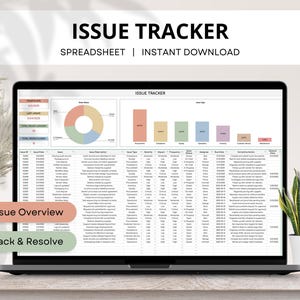 Puede incluir: Un portátil muestra una hoja de cálculo "Issue Tracker" con visualizaciones de datos y una tabla detallada. La pantalla muestra gráficos y una lista de problemas con descripciones, tipos y estados. El texto en la parte superior dice "Issue Tracker Spreadsheet | Instant Download."