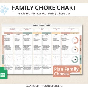 Weekly Family Chore Chart Spreadsheet, Adult Chore Chart, Weekly Cleaning Schedule, Family Chore Planner, House Chore Chart Google Sheets