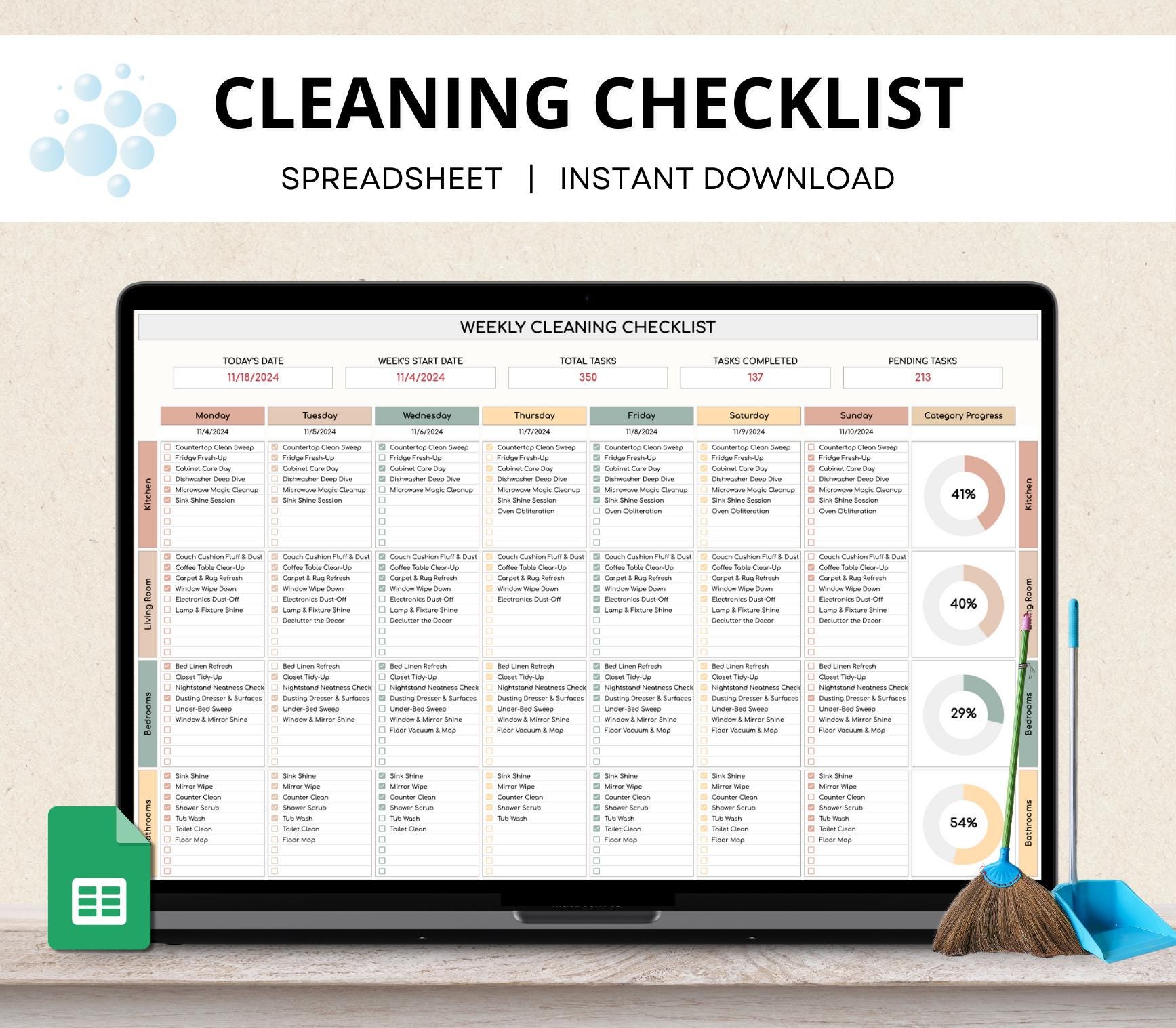 Weekly Cleaning Checklist Spreadsheet, Master Cleaning Planner, ADHD ...