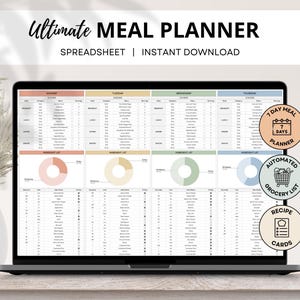 Puede incluir: Una computadora portátil muestra una hoja de cálculo de planificador de comidas con secciones para cada día de la semana. La pantalla muestra categorías de comidas, listas de ingredientes y gráficos circulares. El texto "Ultimate Meal Planner" y "Instant Download" son visibles.