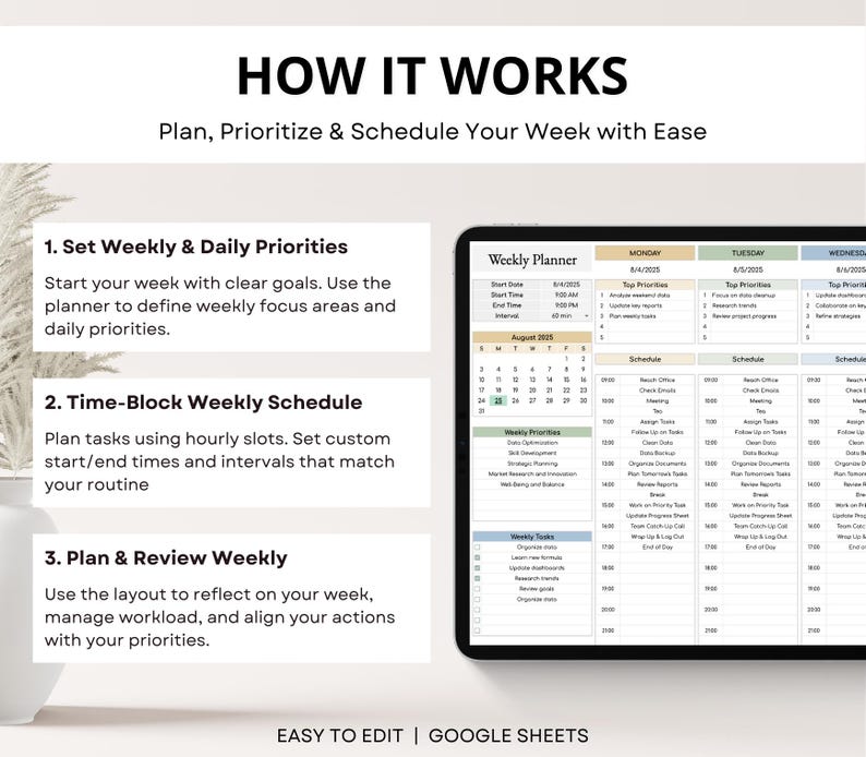 ADHD-friendly weekly time blocking planner and daily schedule tracker. Printable spreadsheet for organizing tasks and managing time.