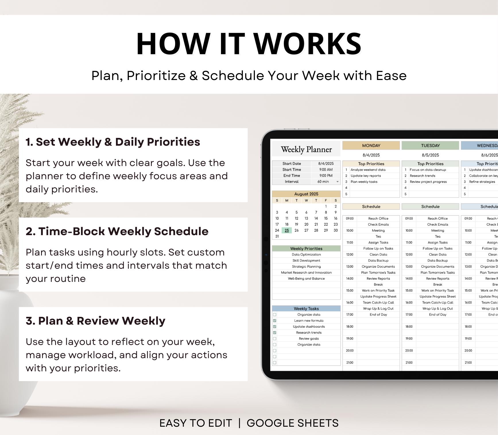 Weekly Planner Spreadsheet, ADHD Weekly Time Blocking Planner, Daily ...